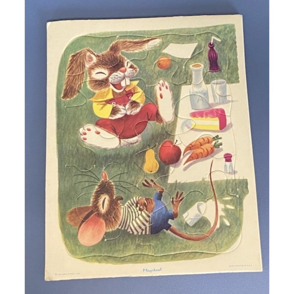 VTG Golden Press Playskool‎ Bunny & Mouse Picnic Cardboard Frame Tray 80-8C